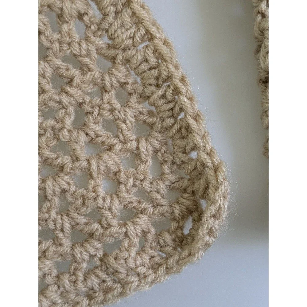Handmade Crochet Knit Scarf Wide Beige Tan Neck Wrap Soft Boho Neutral Cottage